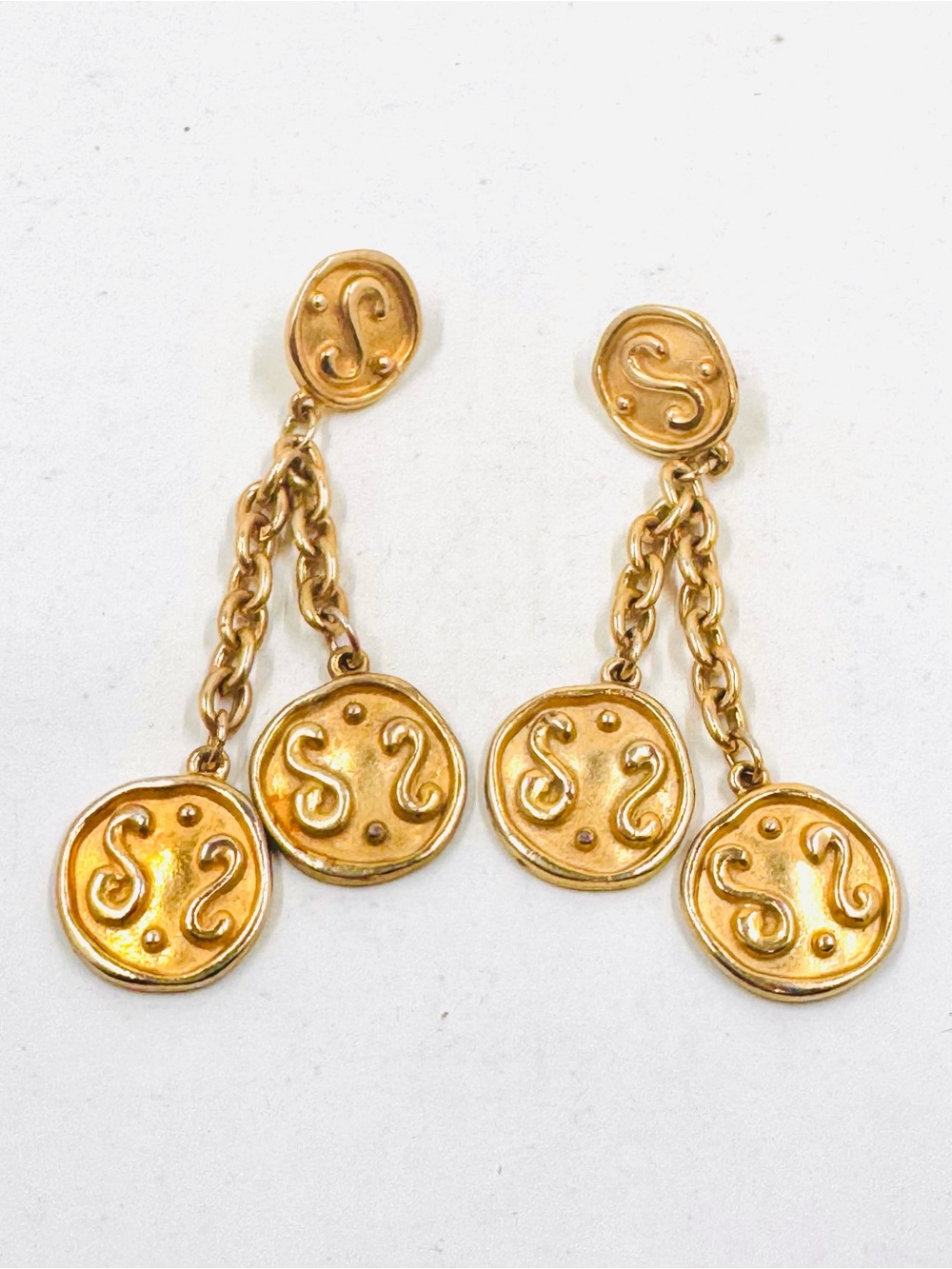 Vintage Egyptian Revival Style Gold Tone Faux Coin & Chain Drop Dangle Earrings
